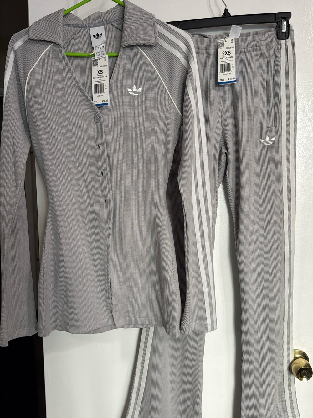 adidas Light Gray Waffle Knit Button-Front Track Set